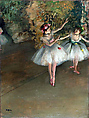The Rehearsal of the Ballet Onstage, Edgar Degas (French, Paris 1834–1917 Paris), Oil colors freely mixed with turpentine, with traces of watercolor and pastel over pen-and-ink drawing on cream-colored wove paper, laid down on bristol board and mounted on canvas